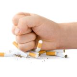 Male fist with many cigarettes isolated on white